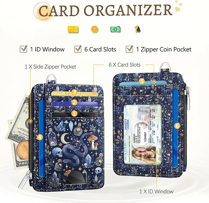 Kelvoris Credit Card Holder Small Wallet Women, Slim RFID, Goth Mushroom | Keychain, Zipper Coin Pocket, Front Pocket Thin Travel Card Case, Minimalist, 6 Card Slots, 1 ID Window, Ladies Gifts Woman