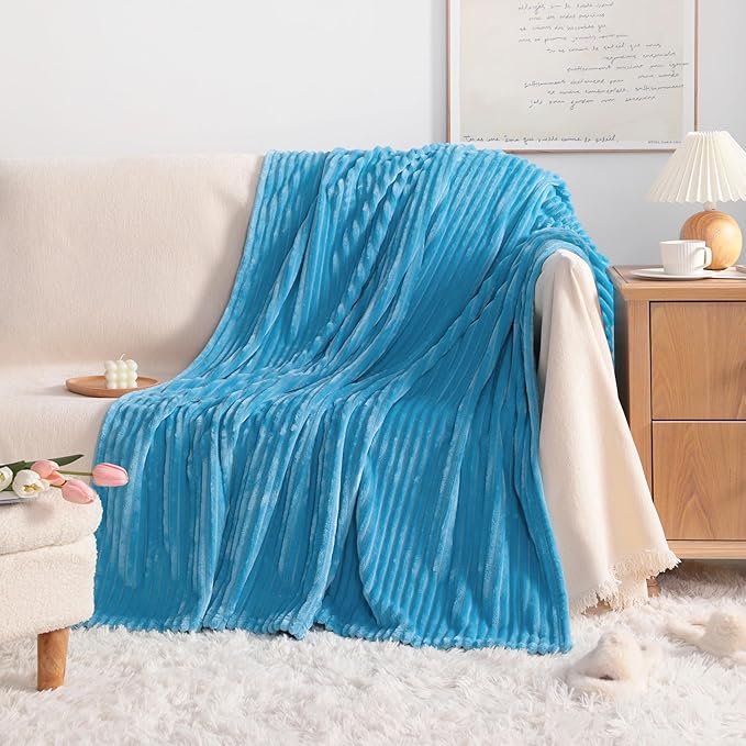 NTBAY Plush Flannel Twin Bed Blanket, 60x80 Inches Soft and Warm Lightweight Bed Blanket with Striped Texture for Couch, Sofa, All Seasons, Blue