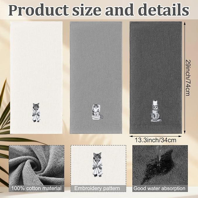 3 Pcs Decorative Hand Towels for Bathroom Cat Grey | 100% Cotton Embroidered Kitchen Towels, Farmhouse Rustic Home Decor, Soft Absorbent 13.3x29.5 Inch, Housewarming Gifts