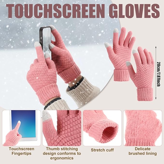 Geyoga 6 Pcs Winter Hat Scarf Gloves Set Knitted Touchscreen Gloves Plaid Scarf Earmuffs Socks Gift for Women Men