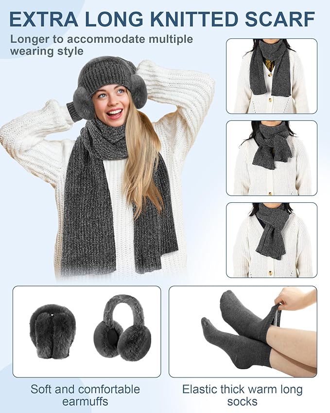 Geyoga 6 Pcs Winter Knit Set Beanie Hat Long Scarf Touchscreen Gloves Ear Muff Socks Warm Valentine Gift for Women Men Snow(Dark Grey,Classic Style)