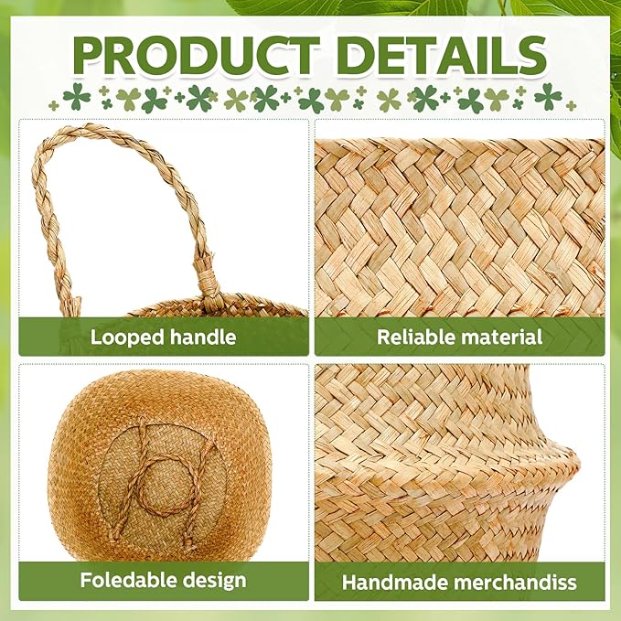 Qunclay 4 Pcs Woven Seagrass Baskets Belly Basket Folding Boho Natural Plant Pot with Handles Round Decorative Wicker Large Indoor Planter for Home Outdoor Tree Planters Decor (12 x 11 Inch)