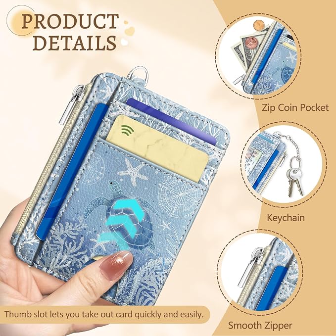 Kelvoris Credit Card Holder Small Wallet Women, Slim RFID, Sea Turtle | Keychain, Zipper Coin Pocket, Front Pocket Thin Travel Card Case, Minimalist, 6 Card Slots, 1 ID Window, Ladies Gifts Woman