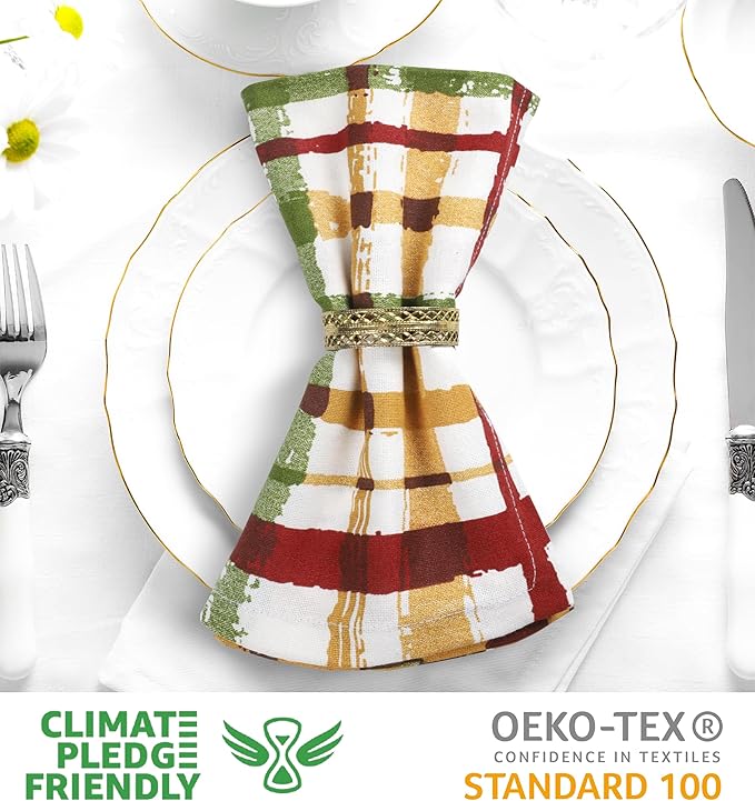 Urban Villa Harvets Dinner Napkins Set of 12, 20x20 Inches Soft Premium Hotel Quality Napkins, Highly Absorbent, Reusable & Washable Table Dinner Napkins - (Multicolor, Fall Checks)