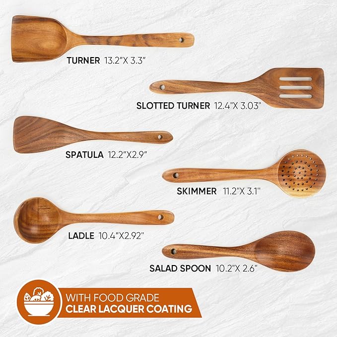EZuncle 6 Piece Wooden Cooking Spoon Set - Ideal For Non-Stick Pans, Heat Resistant Solid Wood, Smooth Teak Cutlery For a Comfortable grip - Lightweight and Durable - Easy to Clean(6 PCS Large)