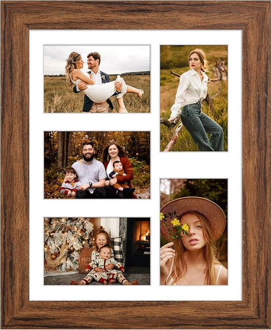 11x14 Picture Frame Display 5 opening 4X6 Picture Frame Collage,Multi Photo Frame with Mat,Plexiglass,Wall or Tabletop Decor,Carbonized Brown Wood Grain