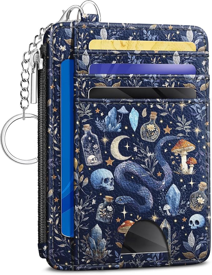 Kelvoris Credit Card Holder Small Wallet Women, Slim RFID, Goth Mushroom | Keychain, Zipper Coin Pocket, Front Pocket Thin Travel Card Case, Minimalist, 6 Card Slots, 1 ID Window, Ladies Gifts Woman