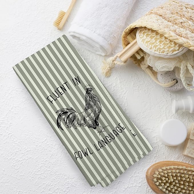 Chicken Kitchen Towels Funny Light Green Stripe Dish Towel with Sayings 16x24 Inches, Chicken Lovers Gifts Absorbent Dishcloths Tea Towels for Kitchen Bathroom Decor, Humorous Gifts for Women