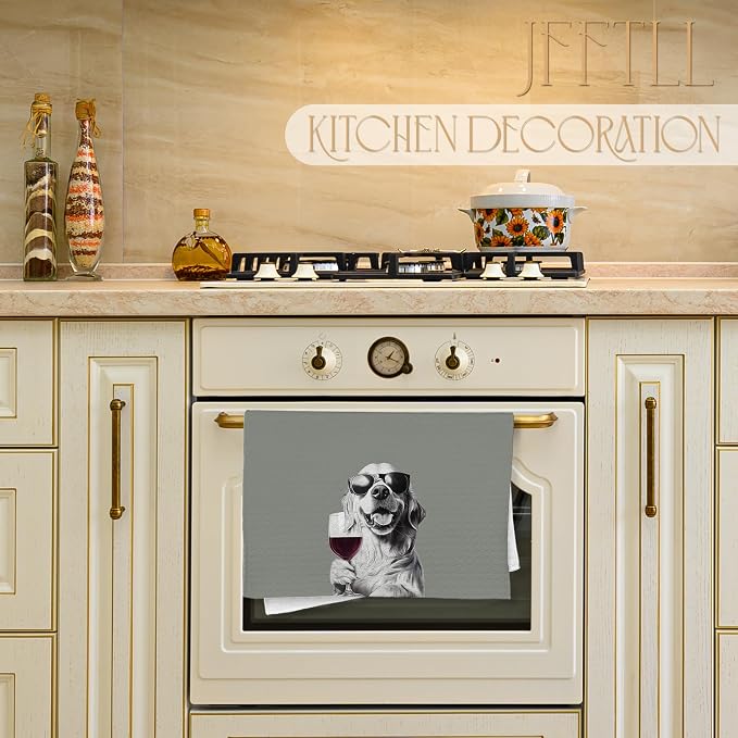 Golden Retriever Decor Kitchen Towels, Golden Retriever Gift Dish Tea Towel for Kitchen Decor, Bar Towels for Bartender, Wine Lover Gifts, 16x24 Inch (Green)