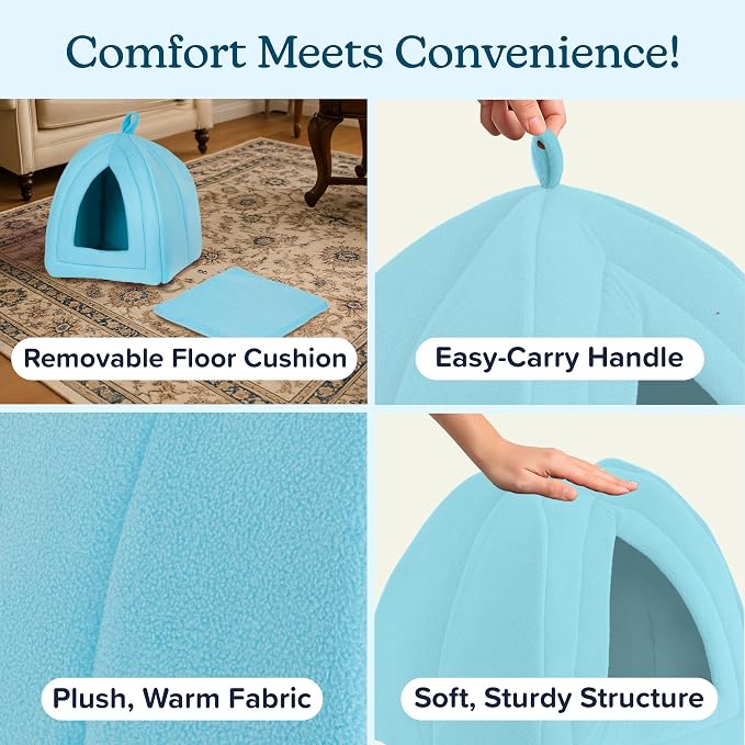 PETMAKER Cat House Indoor Bed with Removable Foam Cushion, Blue | Plush Cat Tent Bed for Small Kittens, Rabbits, Guinea Pigs, and Other Small Animals, Comfortable Cozy Pet Hideaway