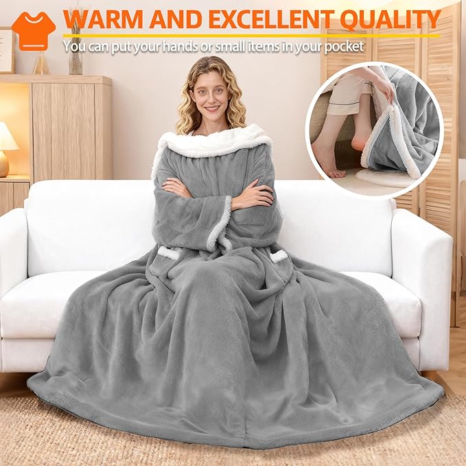 Wearable Heated Blanket With Sleeves & Foot Pocket, Heated Throw Blankets Fast Heating Blanket With 10 Heat Settings Auto Shut Off Over-Heat Protection-Warm Gift, Machine Washable, 52”*72”+18”