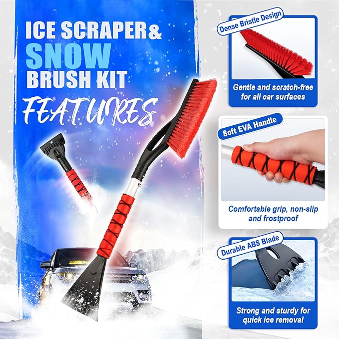 DIYSELF 27" Snow Brush with Two-Size Ice Scrapers for Car Windshield, 4 Pack Detachable Snow Removal Tool, Ergonomic Foam Grip, Snow Scraper for Car, Trucks, SUV, Christmas Stocking Stuffers for Men
