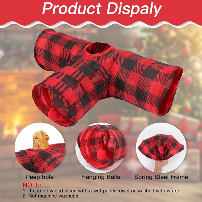 Rypet Guinea Pig Tunnel Hideout 3-Way Collapsible Small Pet Tubes, Red | 3 Way Design for Exploration, Collapsible for Easy Storage, Built-in Play Ball, Hiding & Resting for Hamsters Ferrets