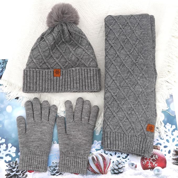 YARIEW Winter Hat Scarf and Gloves Set for Women, Warm Knitted Beanie with Pom Pom, Soft Ear Warmer Scarf, Warm Gloves