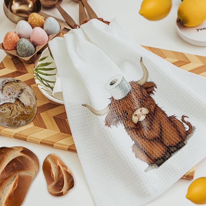 Funny Highland Cow Bathroom Hand Towels, Highland Cow Bathroom Decor, Cute Scottish Cattle Farm Animal Hand Towels for Kids Bath Room Washroom Decor, 16x24 Inch