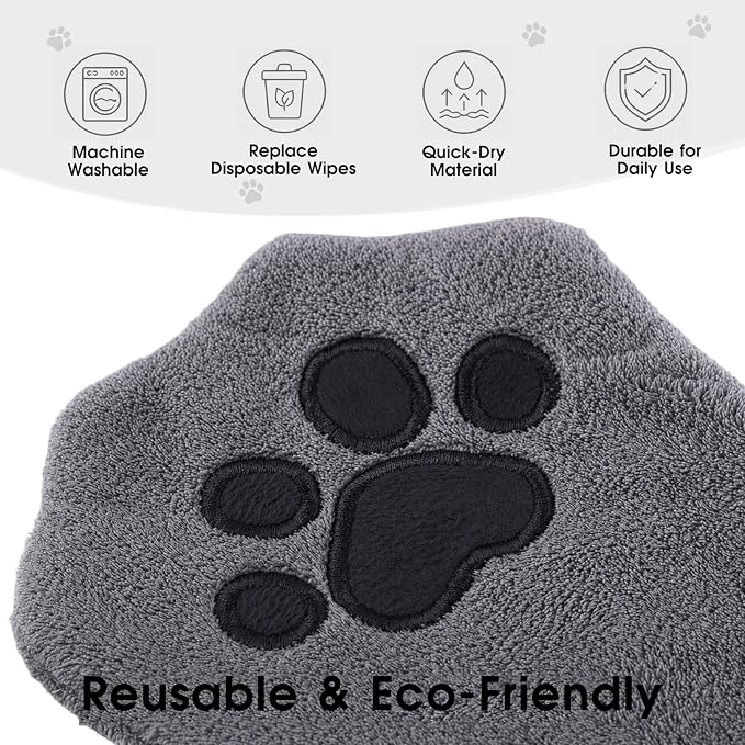 A Pair of Microfiber Reusable Pet Grooming Towel Gloves, Machine-Washable Double-Sided Bath Mitts, Dirt & Odor Removal Cleaner for Dog and Cat Paws & Coat (Grey)