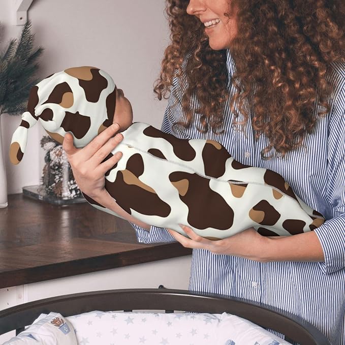 Newborn Swaddle Blankets and Hat Set Soft Cotton Baby Swaddle Wrap Warm Infant Receiving Blanket Cow Print-7