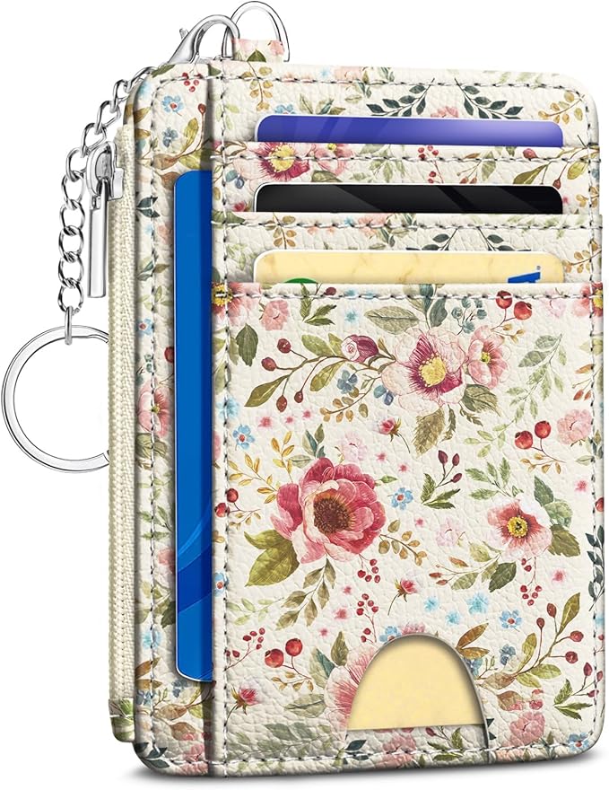 Kelvoris Credit Card Holder Small Wallet Women, Slim RFID, Flower | Keychain, Zipper Coin Pocket, Front Pocket Thin Travel Card Case, Minimalist, 6 Card Slots, 1 ID Window, Ladies Gifts Woman