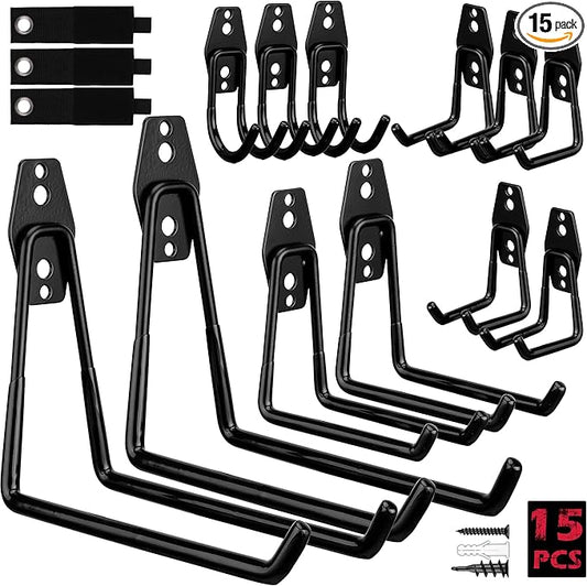 Garage Tool Storage Wall Hook Assortment Set: 15PCS Heavy Duty Large Hanger Garden Tool Organizer Ladder Bike Rack Yard Tool Holder Shed Shovel Metal Screw Organization Bicycle Steel Bracket, Black