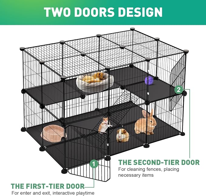 VISCOO 41 Panels Pet Playpen, 35.4" x 23.6" x 23.6" Small Animal Playpen | Rabbit Cage for Guinea Pigs,Bunny,Hedgehogs, with 2 Doors, Puppy Play Pen Indoor Outdoor, Two-Story C&C Cage