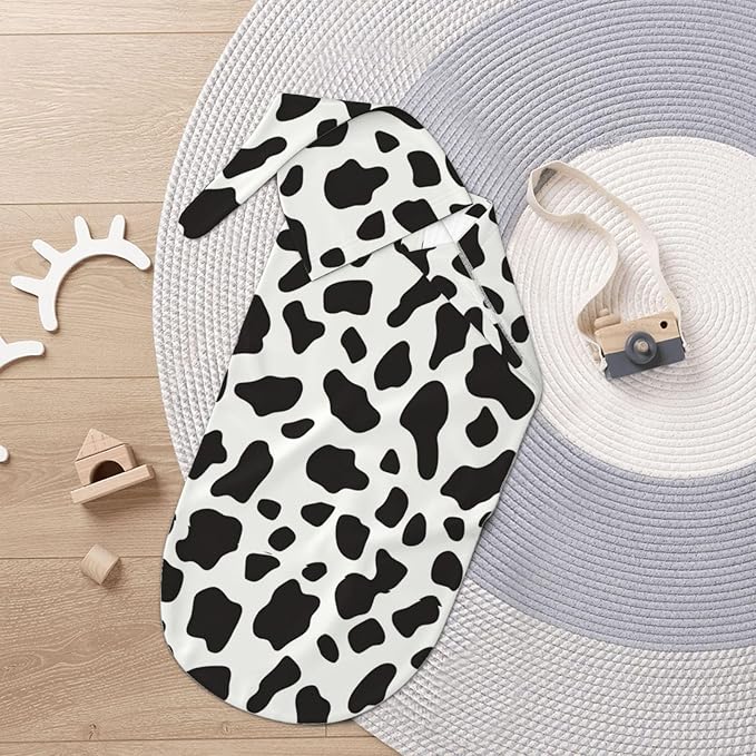 Newborn Swaddle Blankets and Hat Set Soft Cotton Baby Swaddle Wrap Warm Infant Receiving Blanket Cow Print-2
