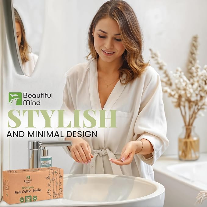 Bamboo Cotton Swabs 500 Pack - Natural Swabs for Ears, Makeup & Cleaning - Carbonized Bamboo Sticks with Soft Buds - Travel Size Q Gentle Tips - Precision Ear Cleaner Swabs - Drawer Box