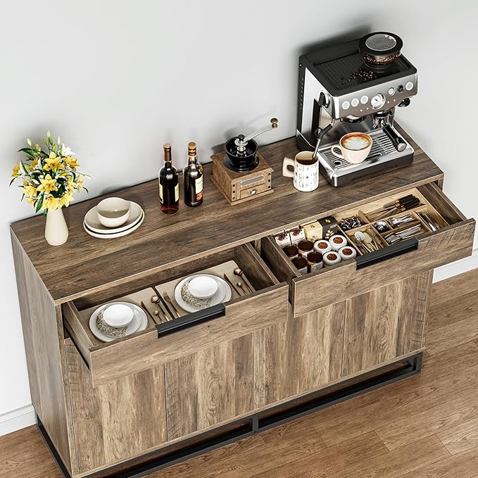 Garvee Kitchen Buffet Cabinet 55 Inch Large Modern Sideboard with 2 Drawers and 4 Doors, Coffee Bar Buffet Table for Kitchen and Dining Room, Brown