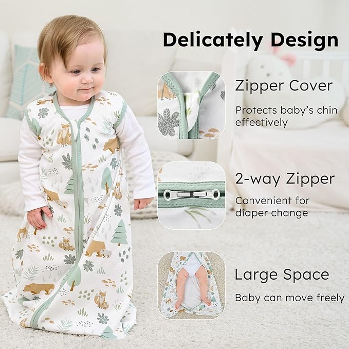 Baby Sleep Sack 18-24 months, 100% Cotton Sleeping Sack for Toddler, 3 Pack Baby Wearable Blanket, 0.5 Tog Lightweight Double Zipper Sleep Bag XLarge Green Forest Bear