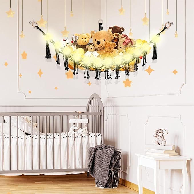 CERETIA Stuffed Animal Hammock with LED Light, Large Stuffed Animals Storage Corner Plushie Net for Kids Room Decor, Black