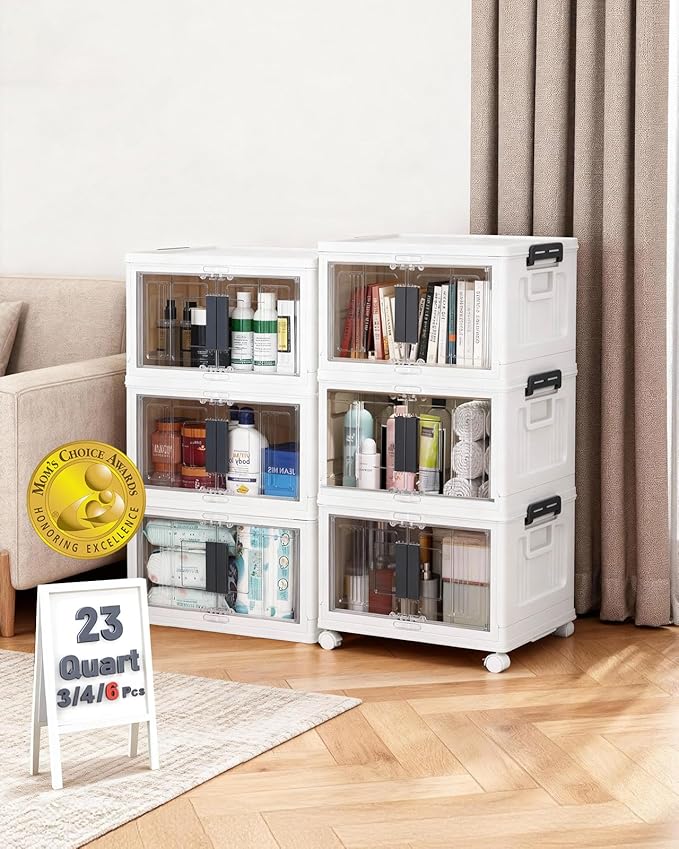OlarHike 23QT Stackable Storage Bins with Lids - Folding Storage Box with Doors and Wheels, Collapsible Plastic Storage Drawers for Closets, 6 Pack Cubes