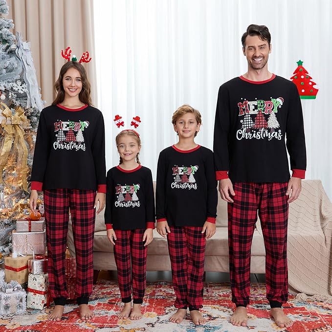 Christmas Family Pajamas Set Matching Holiday Plaid Sleepwear Set Reindeer/Tree Print Loungewear for Xmas Eve
