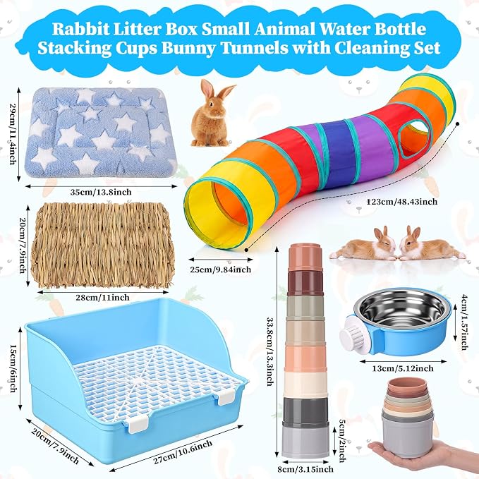 34 Pcs Rabbit Starter Kit Rabbit Litter Box Small Animal Water Bottle Cups Bunny Tunnels Animal Grooming Kit Bowl Blanket with Cleaning Set for Guinea Pig Bunny(Style 3,Light Blue)