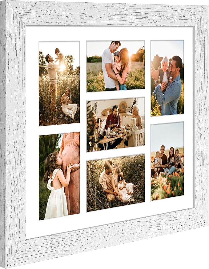 13.5x15.5 Picture Frame Display 7 opening 4X6 Picture Frame Collage,Multi Photo Frame with Mat,Plexiglass,Wall Hanging Decor,Distressed White Wood Grain