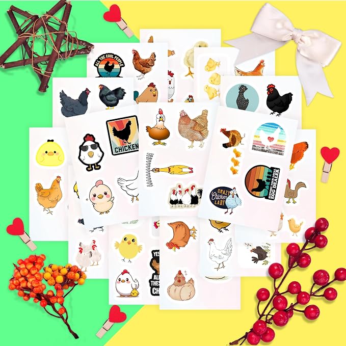 Chicken Stickers for Water Bottle and Laptop - Chicken Party Supplies & Decorations, Waterproof Vinyl Decals, Cute Animal and Farm Stickers, Gifts for Women & Men
