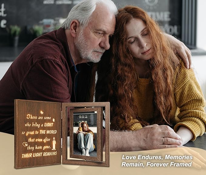 Rotating Wooden Memorial Picture Frame with Light Up Quote – Sympathy Gifts for Loss of Loved One, Bereavement Grief Condolences Gifts with 2 4x6 Inch