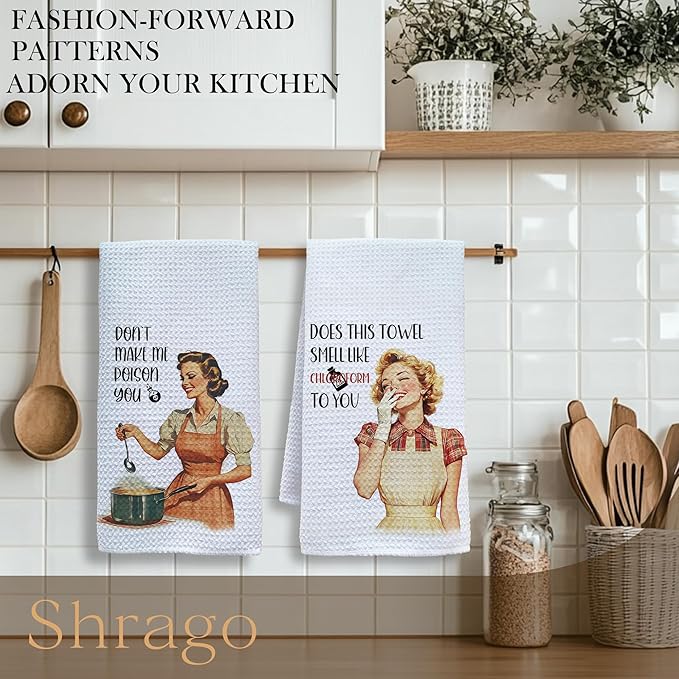 Sarcastic Funny Kitchen Towels, Hostess Gifts, Retro Housewife Dish Tea Towels for Kitchen, Funny Sarcastic Gifts for Women Decorative Hand Towel, 16x24 Inch Set of 2