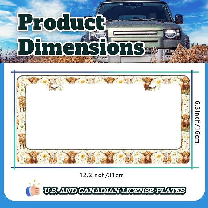 Highland Cow Flowers License Plate Frame Stainless Steel 6.3 X 12.2 Inch | Fits US Standard With Screws Rust Resistant For Car Front Rear Decoration Accessories Easy Installation For Cars SUV Truck