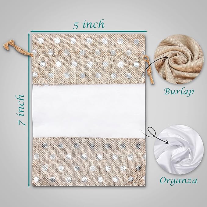 12-Pack Medium Linen Burlap & Organza Gift Bags w. Drawstrings (5x7 in, Beige/Silver Polka) - Party Favors, Presents, Samples & Treats Mesh Pouch by The Display Guys