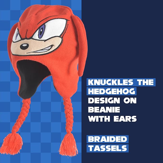 Concept One Sonic The Hedgehog Beanie Hat and Glove Set, Kids Knitted Winter Hat and Gloves
