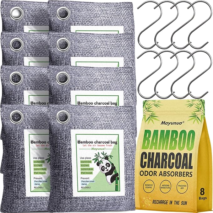 Activated Charcoal Odor Absorber for Strong Odor in Basement, Cars, Closets, Shoes. 8 Pack Bamboo Charcoal Air Purifying Bags Deodorizer Odor Eliminator for Home