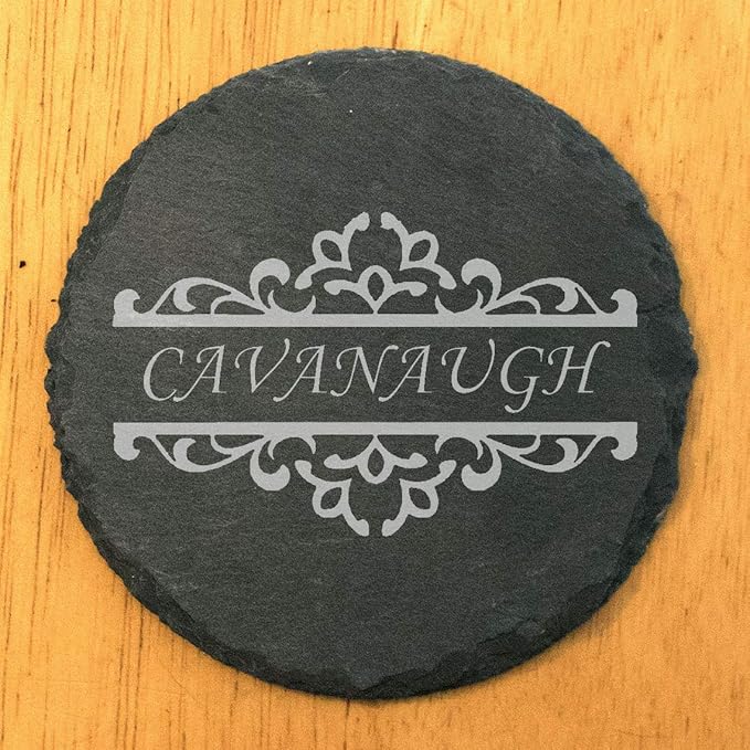Personalized Monogram Family Coasters, Natural Stone Set, Birthday, Wedding, Customized, Rustic - Round Slate - Set of 5