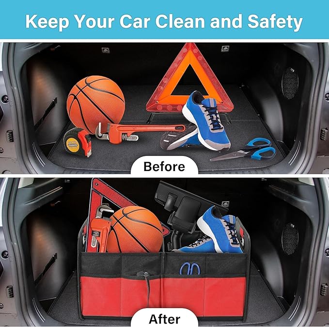 Simple Deluxe Trunk Organizer for Car/SUV/Truck, Collapsible 2 Compartment 50L Automotive Storage Box with 5 Pocket, 600D Waterproof Oxford Polyester, Anti-slip & Leak-proof, Red, 2 Pack