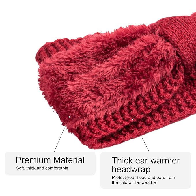 AQOKKA Knit Winter Headbands for Women Fuzzy Wool Fleece Lined Ear Warmers Elastic Turban Crocheted Head Wrap Winter Accessories for Women Cold Weather