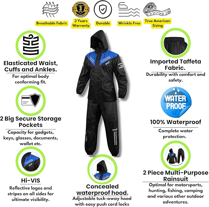 BYKR Waterproof Outdoors Motorcycle Rain Suits for Men & Women Cycling 2-Piece Breathable & Windproof Wet Weather Protection