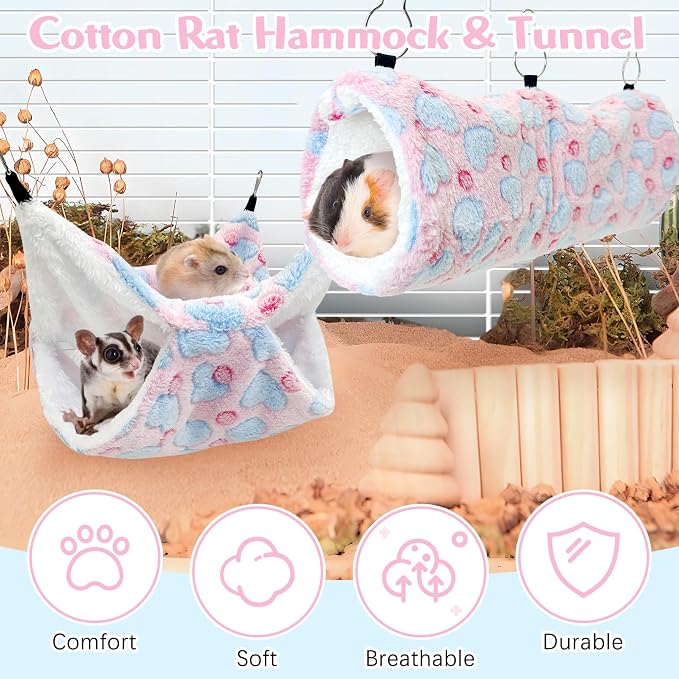 PINVNBY 3 PCS Ferret Rat Hammock Set Hanging Guinea Pig Hideout Bed Small Animals Tunnel Toy Ferret Cage Accessories for Hamster Squirrel Sugar Glider Chinchilla (Pink)