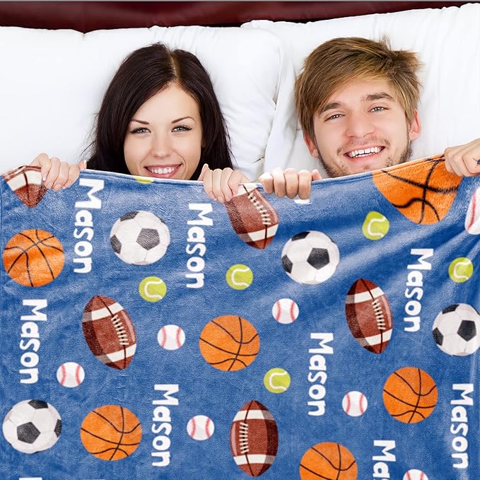 Personalized Ball Blanket with Name for Boys, Custom Kids Ball, Soft Flannel Toddler Customized Gift Birthday Christmas Baby Shower Newborn 30'' X 40'', 6-balls-blue