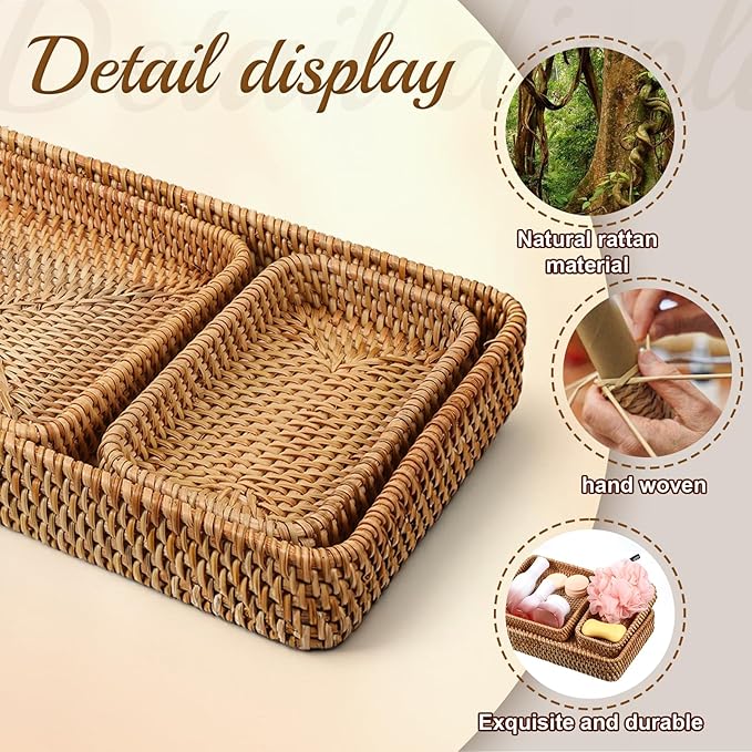 Rattan Serving Tray, 3 Pcs Rectangular Wicker Tray Set Natural Decorative Woven Trays for Fruit, Water Cups, Teacups, Snacks, Candy, Dried Fruit, Bread, Desserts (3 Sizes)