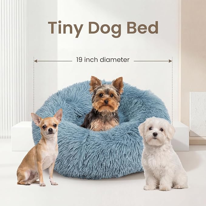 Calming Donut Small Dog Bed for Chihuahua Yorkie Maltese Shih Tzu | 19 Inch Washable Puppy Bed,Ultra Soft Faux Fur Round Dog Bed,Blue