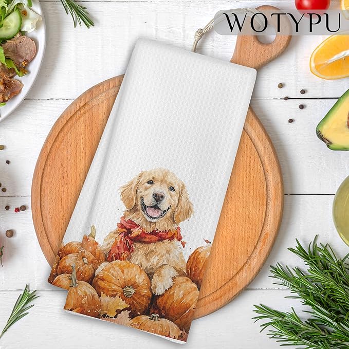 Fall Golden Retriever Gifts Kitchen Towels, Golden Retriever Lover Gifts Dish Tea Towel for Kitchen Decor, Farmhouse Fall Autumn Maple Leaf Dog Hand Towels for Bathroom Decor,16X24 Inch
