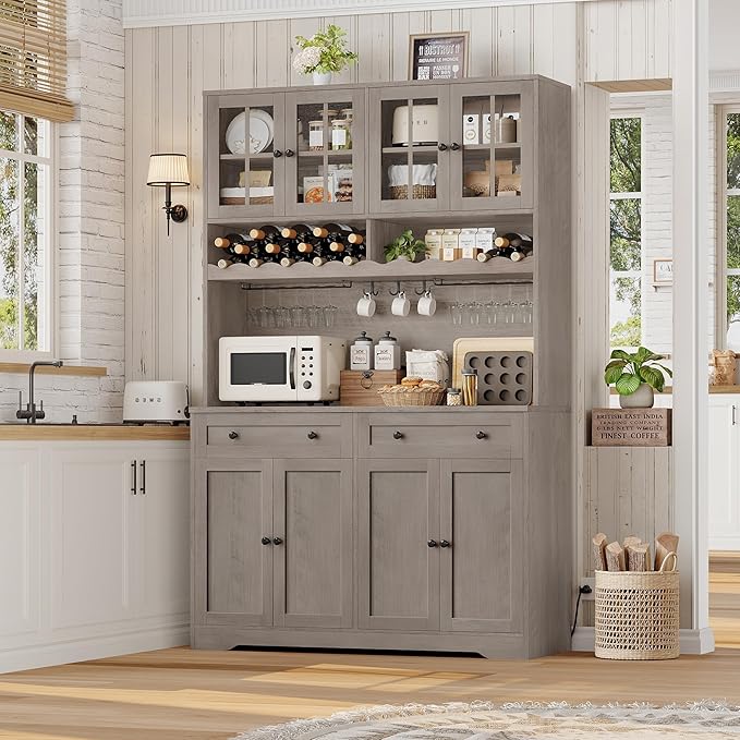 HOSTACK 75.4" Tall Kitchen Pantry Cabinet with Charging Station, Modern White Kitchen Hutch with Microwave Stand and Wine Rack, Large Food Pantry Storage Cabinet with Glass Doors and Drawers, Ash Gray